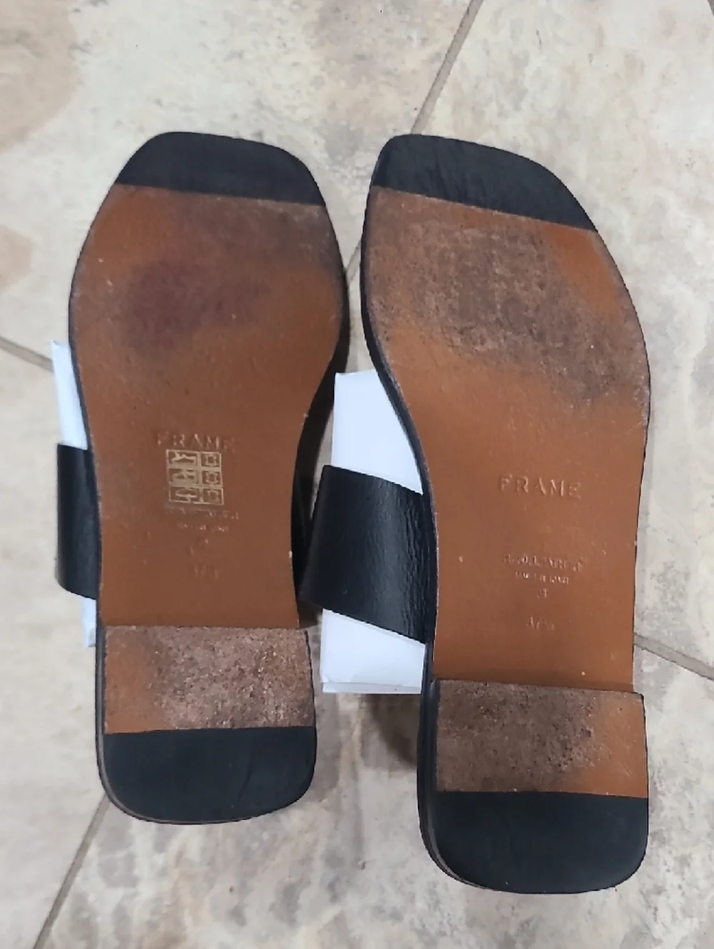 Frame Denim Black Leather Slide Sandals with Gold Ring